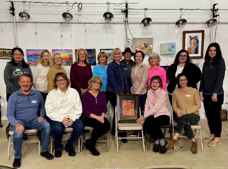 Woodlands Art League Members with Miro Painting 1024x761 1 768x571